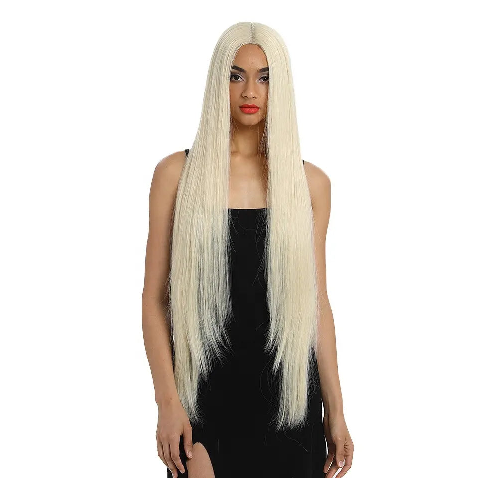NOBLE 38 pouces Super longue ligne droite préplumée qualité blonde longue dentelle avant résistant à la chaleur perruque synthétique avec frontale