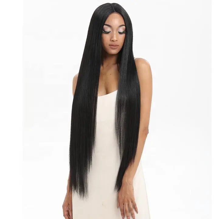NOBLE 38 pouces Super longue ligne droite préplumée qualité blonde longue dentelle avant résistant à la chaleur perruque synthétique avec frontale
